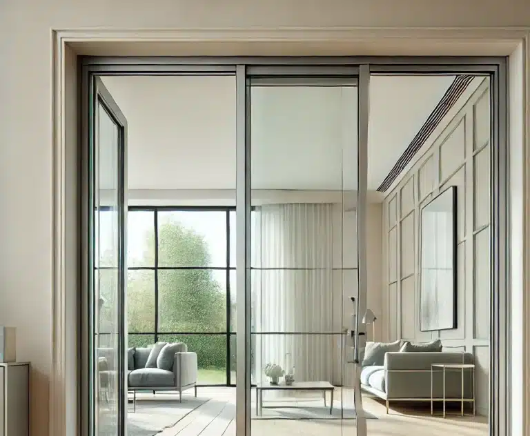 DALL·E 2024-11-24 11.35.15 - A modern double-glazed door made of sleek aluminum frames, featuring large clear glass panels with a minimalistic design